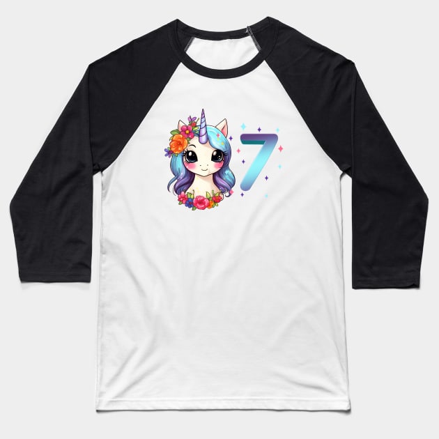 I am 7 with unicorn - girl birthday 7 years old Baseball T-Shirt by Modern Medieval Design